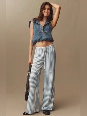 Anthropologie Maeve Silky Beach Blue & White‎ Striped Pajama Pants Sz S Like New